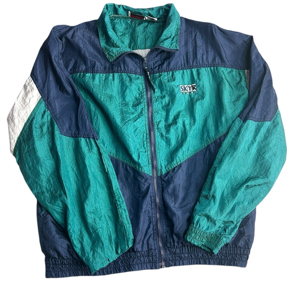 Vintage SKYR Sport Windbreaker Jacket Size Large 90s‎ Colorblock Teal Navy Retro